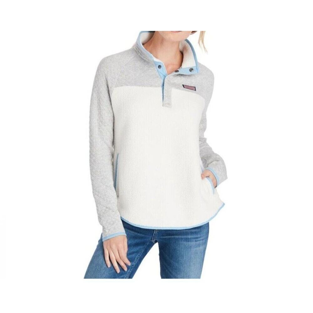 Vineyard Vines Sherpa Shep Pullover 1/4 Snap Womens Medium Gray Ivory Preppy